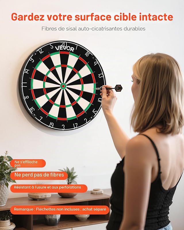 Cible de fléchettes, 450 mm, Planche à fléchettes Professionnelle en Fibre de sisal Auto-réparatrice avec œil de bœuf sans agrafes, Fil de Lame et Anneau Rotatif, pour Salle de Jeux à Domicile