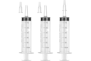 BHOWISK 60mL Plastic Syringe for Liquid - 3 Pack Large Syringes with Adapter for Scientific Labs, Feeding, Oil Filling, Individually Wrapped