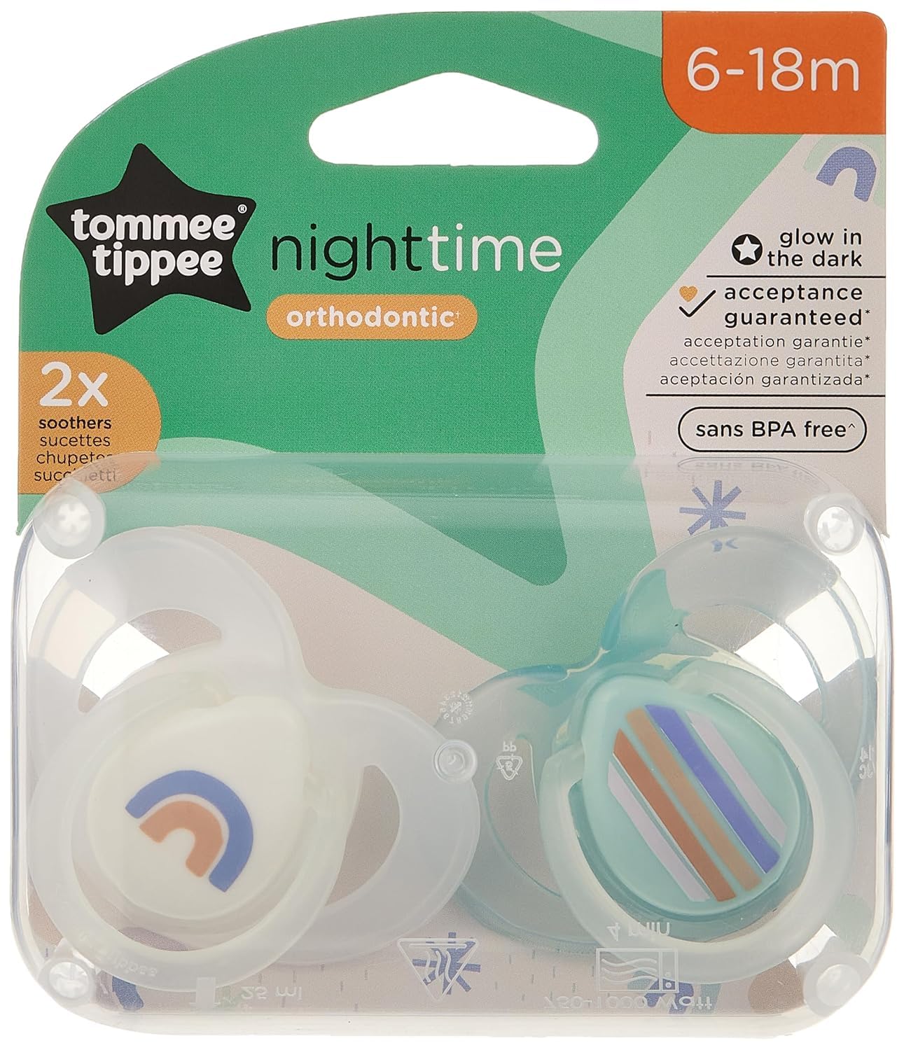 Tommee Tippee Night Time Glow in the Dark Dummies, Symmetrical Orthodontic Design, BPA-Free Silicone, 6-18 Months, Pack of 2 Dummies, Assorted