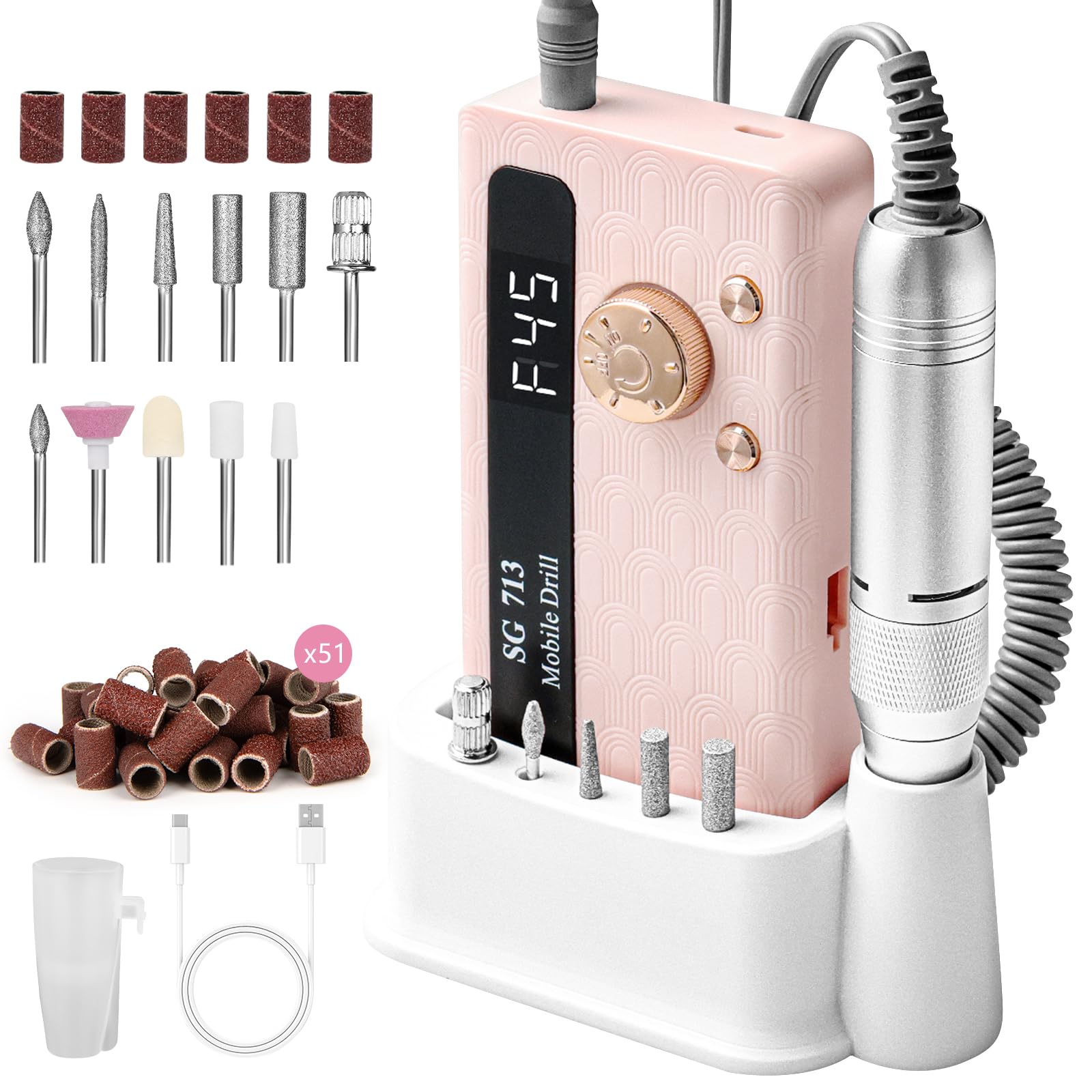 Photo 1 of Electric Nail File Professional Kit - 45000RPM Portable Nail Drill Electric File with 11 Bits & Base?LED Screen?Ultra-Silent, Rechargeable Nail Drills Machine for Acrylic Nails Gel Polishing (Pink)