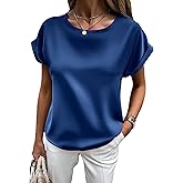 HOTOUCH Women's Short Sleeve Pullover Blouses Satin Silk Shirts Casual Loose Work Tunic Tops