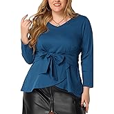 Agnes Orinda Women's Plus Size Blouses Long Sleeve V Neck Knit Belted Knot Tie Work Top Blouse 2024