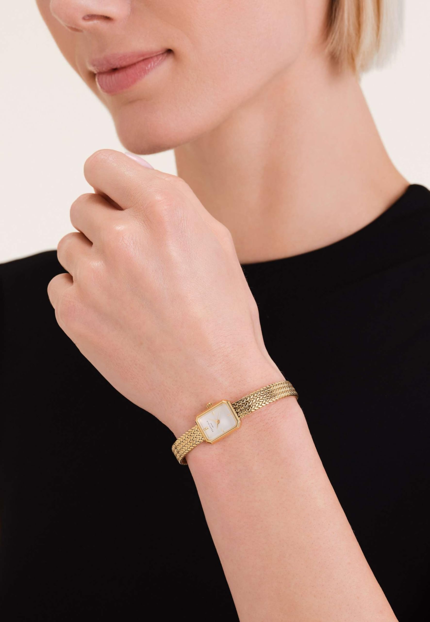 Rosefield Mini Octagon Damenuhr – Gold Mesharmband – Damen Uhr mit Weißem Zifferblatt – Edelstahl – Eleganter Alltag Luxus