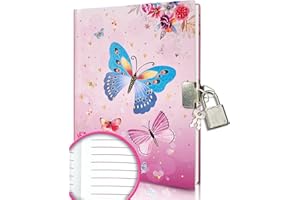 GINMLYDA Girls Diary with Lock for Kids, 7x5.25 Inches 160 Lined Pages Secret Pink Butterfly Notebook for Girls Journal with Lock for Kids Pre School Writing Drawing Cute Girls Gifts for Birthday