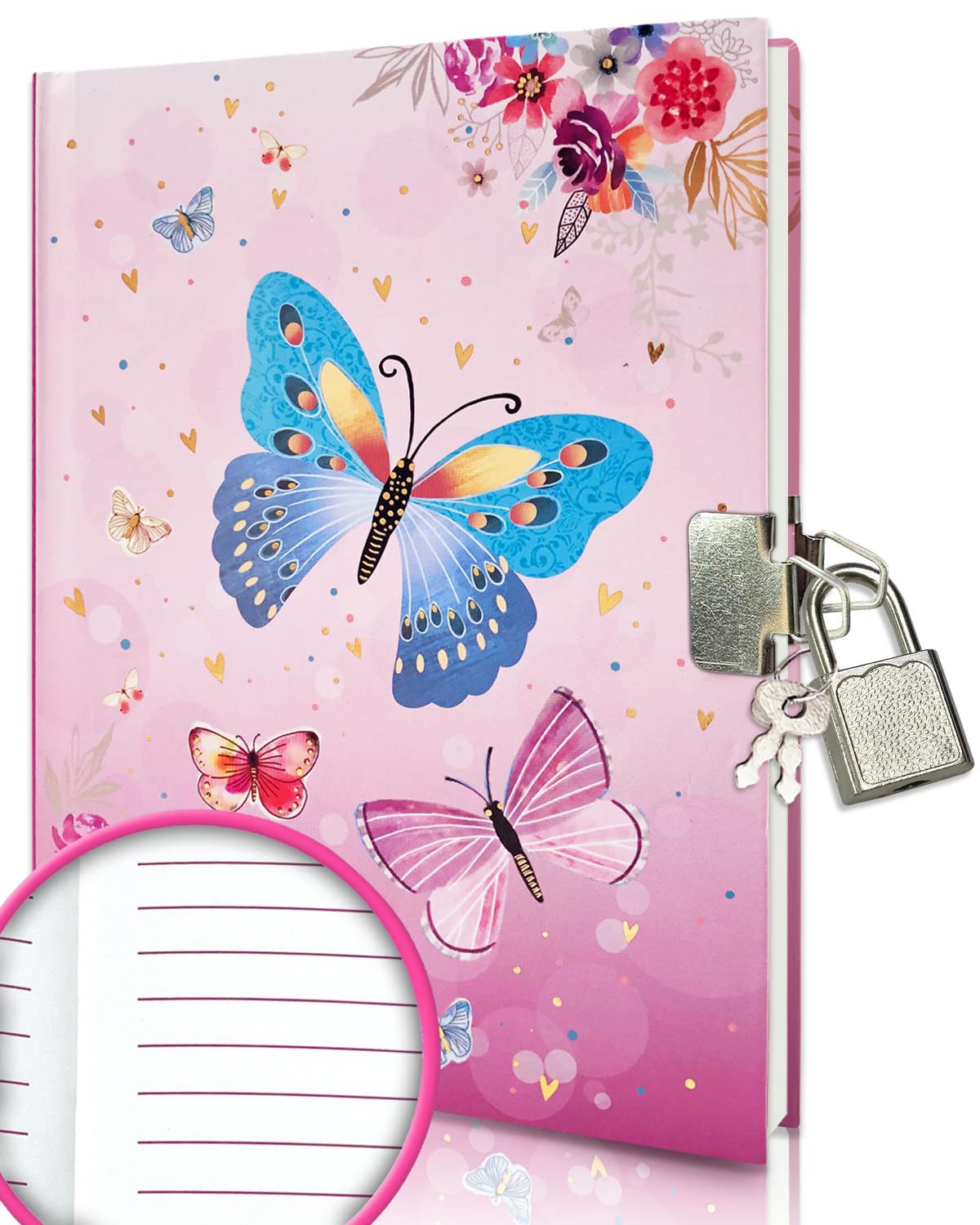 GINMLYDA Secret Diary for Girls with Lock, 7 x 5.25 Inches 160 Pages Girls Gifts Diary with Lock Butterfly Girls Journal Kids Notebook for Girls Birthday Presents 6-10 Years Old