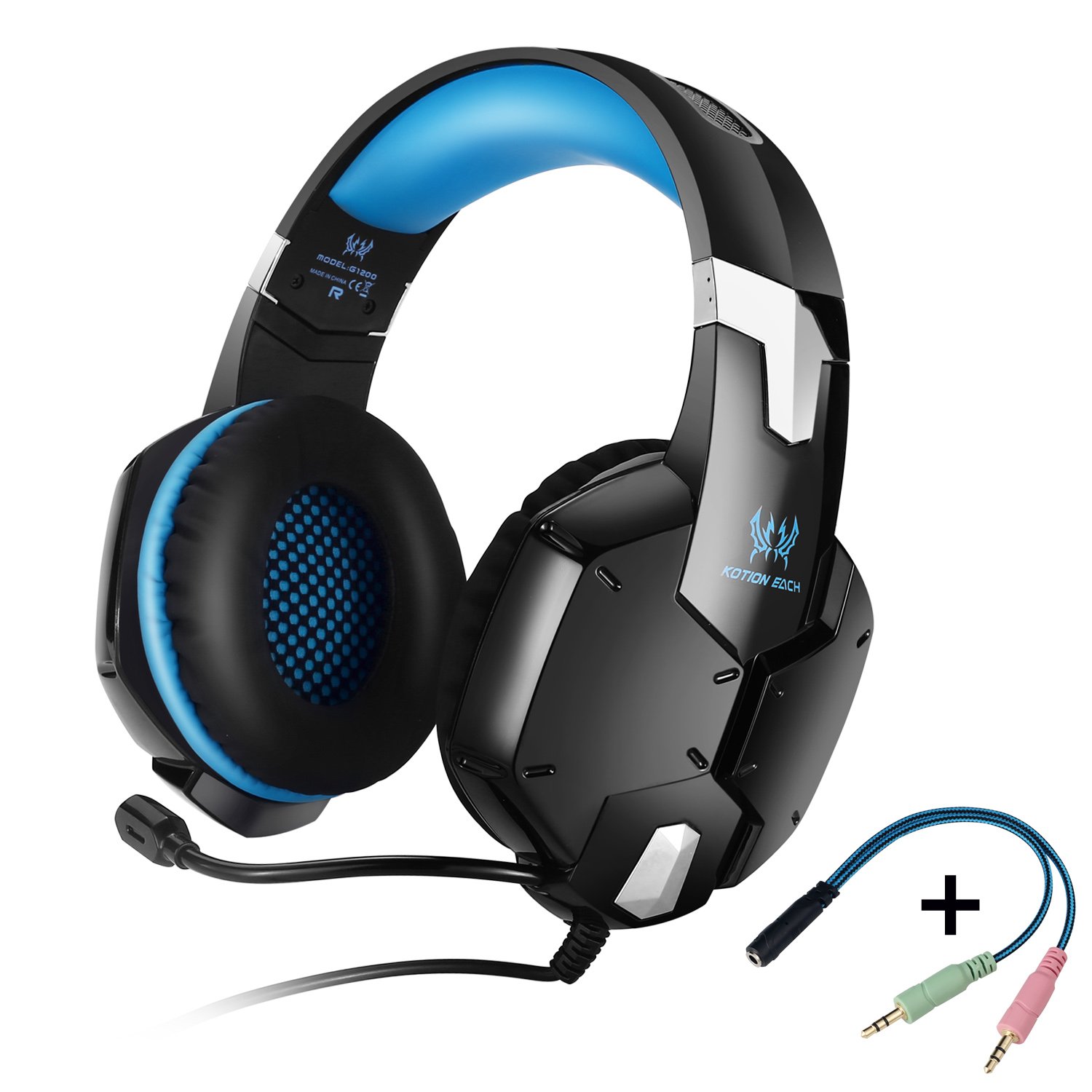 KOTION EACH G1200 Gaming Headset Auriculares 3.5mm para Jueguos de Diadema con Micrófono para Videojuegos Stereo Bass para PS4 PC Laptop Celulares(Azul+Negro)