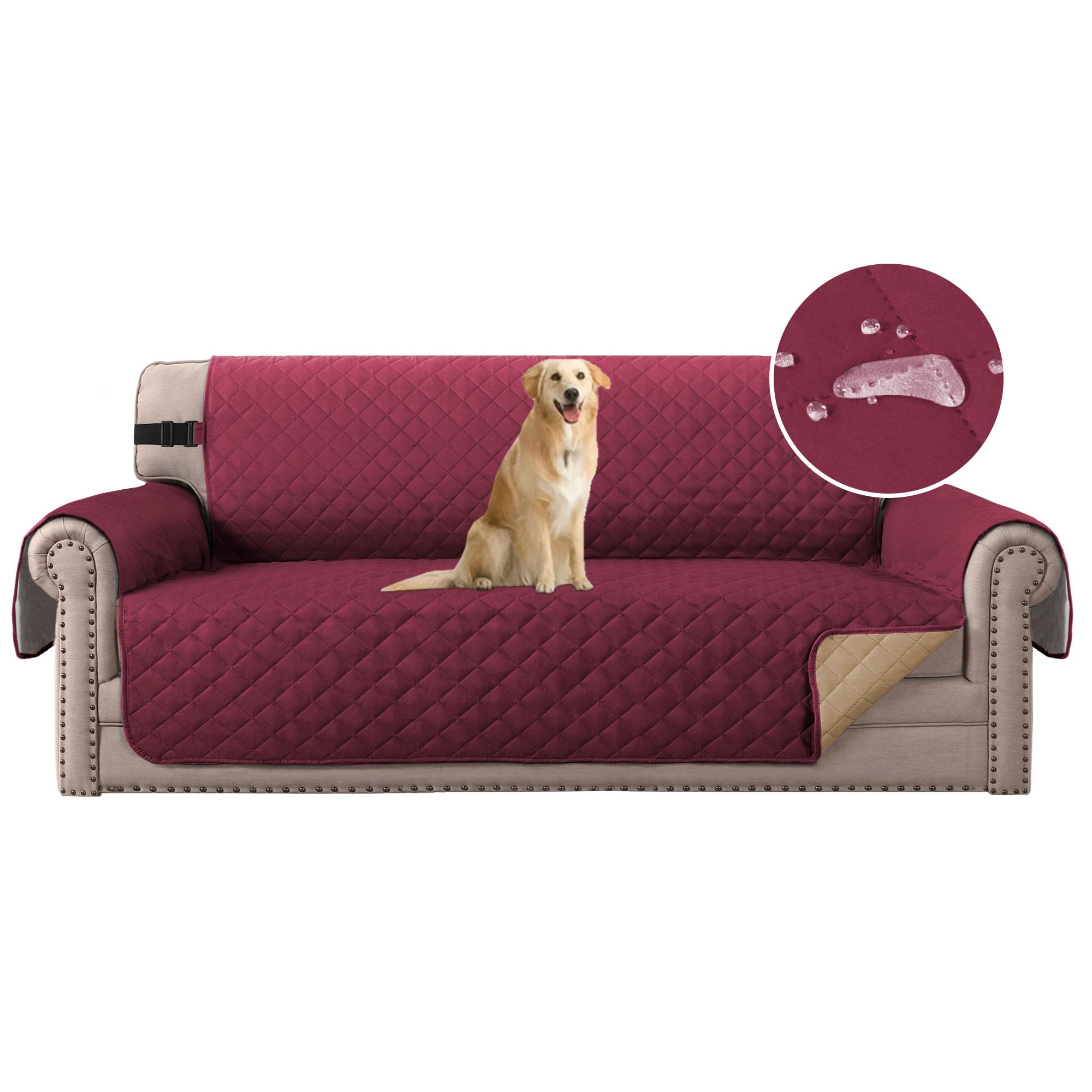 H.Versailtex Sofa Cover 3 Seater, Water Resistant Couch Covers for Pets, Sofa Slipcovers with 2" Wide Elastic Strap, Quilted Sofa Slipcover for Kids (Burgundy/Tan)