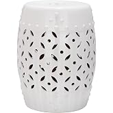 SAFAVIEH Outdoor Lattice Coin Ceramic Garden Stool, 17.5" White ACS4510A | Garden Stool, 17.5", Glazed Ceramic, No Assembly Required, Indoor Outdoor