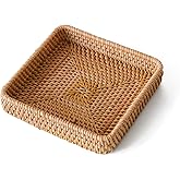 Rattan Serving Tray, Square Woven Storage Basket, Wicker Baskets for Organizing, Natural Wicker Decorative Serving Baskets for Organizing Tabletop Bathroom Kitchen Counter Square