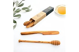 ELAR WOODEN Handcrafted Olive Wood Honey Dipper – Includes Bonus Butter Spreader | One-Piece, Natural & Non‑Toxic – Deep Grooves, Durable & Unique Grain