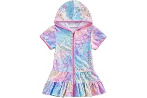 Girls Cute Swim Cover Up Kids Rainbow Swimsuit Coverup Ruffle Towel Beach Dress Zip Up Graphic Hooded Bathing Suit