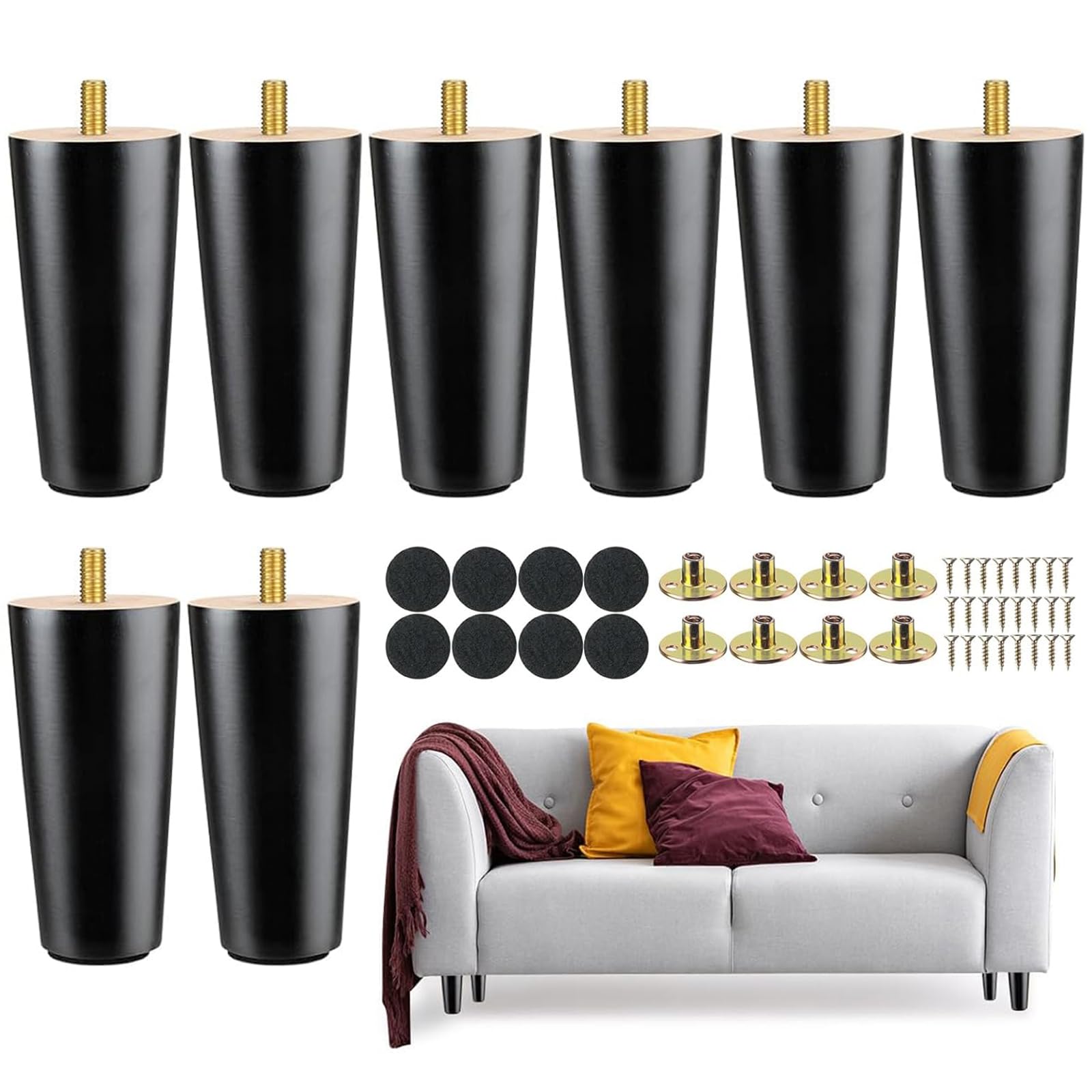 Photo 1 of Maitys 4 Inch Round Solid Furniture Legs Furniture Wooden Replacement Chair Feet Dresser Sofa Couch Legs Table Cabinet Footstool DIY Projects for Home(Black,8 Pcs)