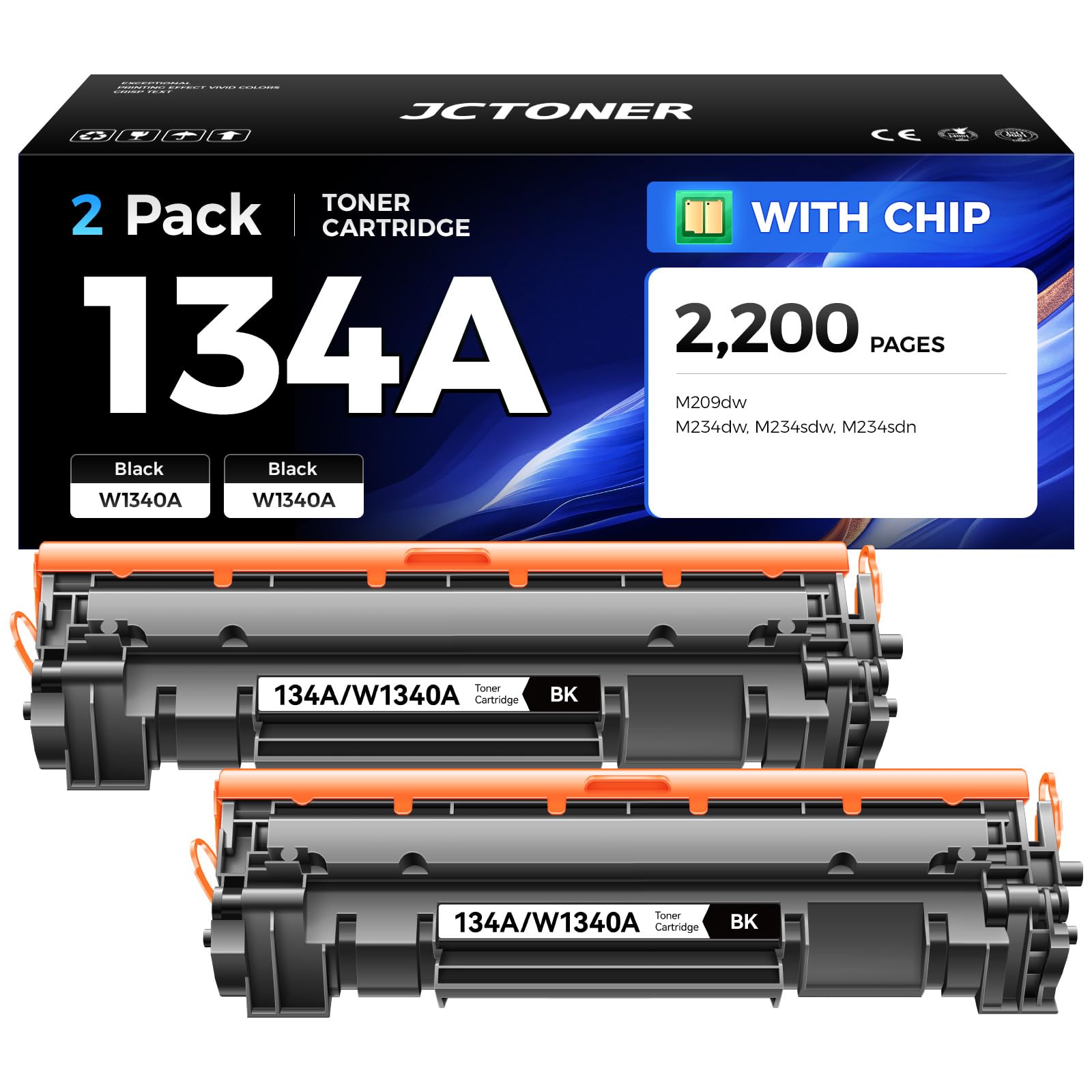 Photo 1 of 134A W1340A Toner Cartridge Black 2-Pack with chip Replacement for HP 134A 134X W1340X Toner Compatible with HP Laserjet M209dw MFP M234dw M234sdw M234sdn Printer Ink M209dwe M234dwe M234sdwe M234sdne