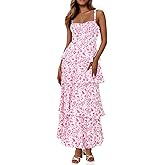 Wenrine Womens Summer Floral Maxi Dresses Sleeveless Spaghetti Strap Tie Back Ruffle Tiered Flowy Dresses