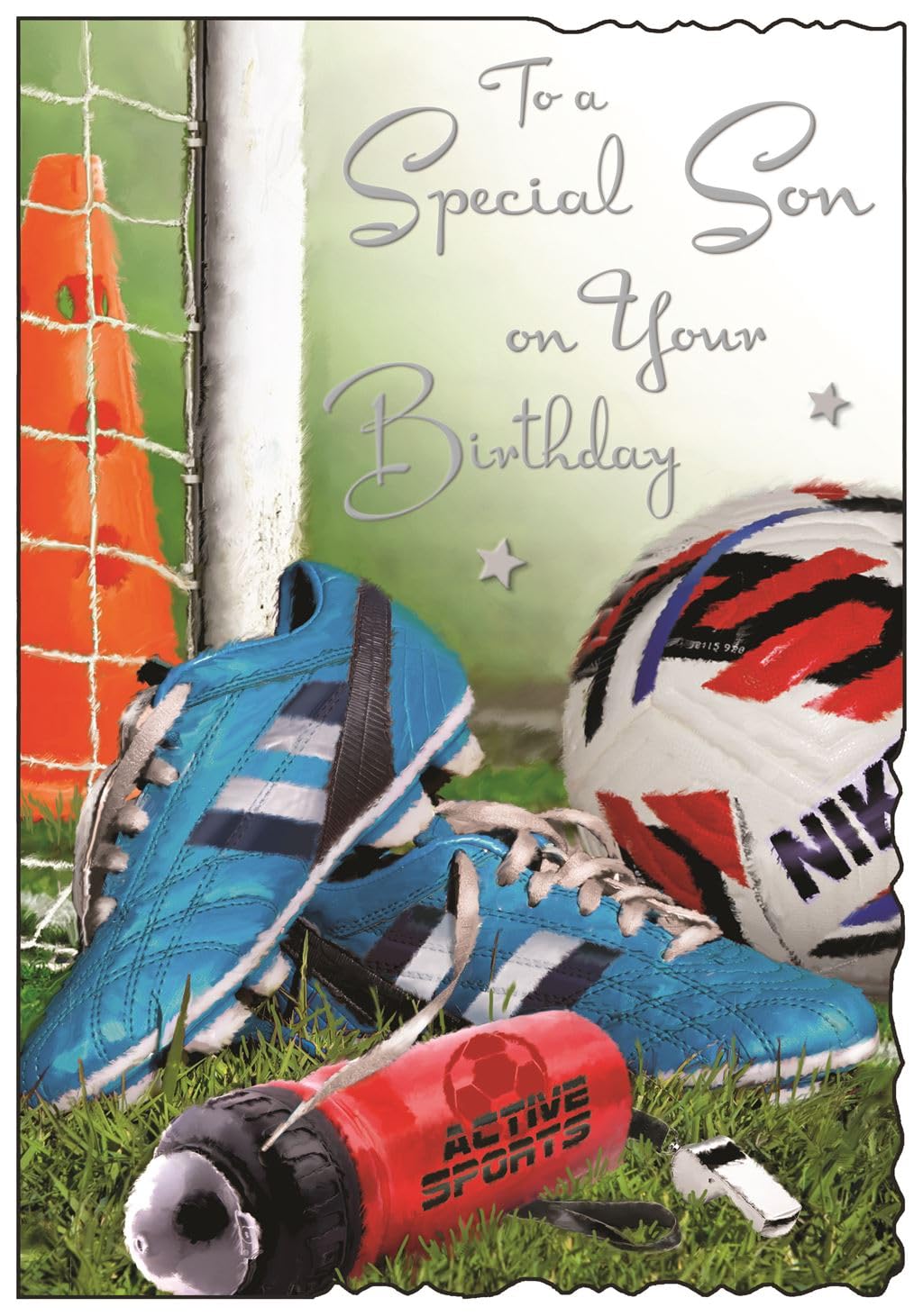 Jonny Javelin Son Birthday Card - Football Boots Bottle Whistle & Silver Foil 9x6.25