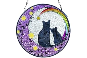 DREAMSKIP Cat Stained Glass Window Hanging, 6 Inch Stain Glass Panel with Chain, Stain Glass Suncatcher Loss of Cat Sympathy Gifts for Women
