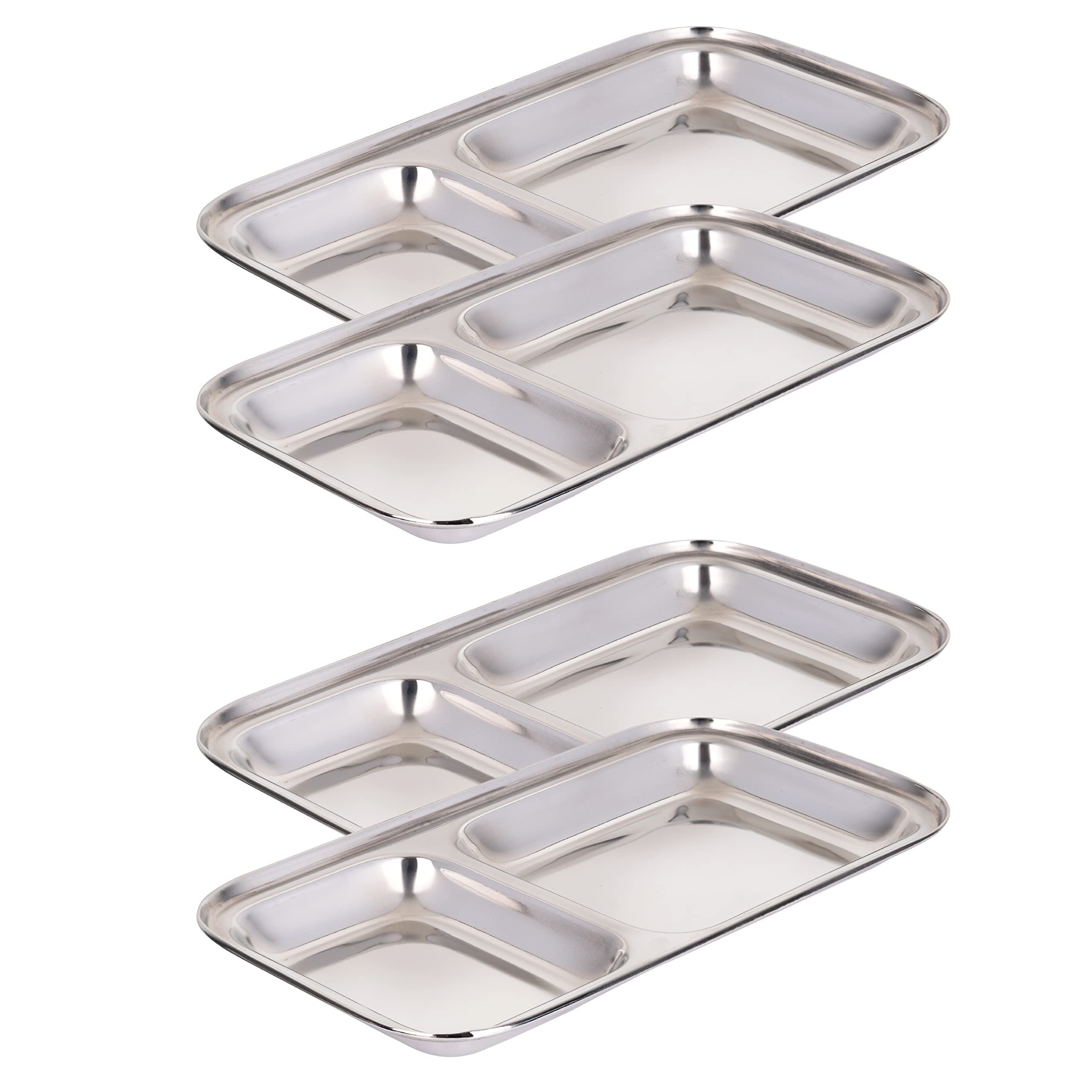 WG inc Stainless Steel Divided Plates, 2 Section Rectangular Dinner Plates for Kids, Portion Control Trays, Camping, Snack Dishes, Metal Baby Plates (Set of 4)