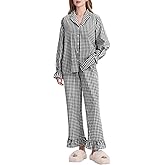 Kissonic Women Gingham Pajama Sets Cotton Long Sleeve Button Down Shirt and Pants Y2K Pjs Lounge Set Sleepwear