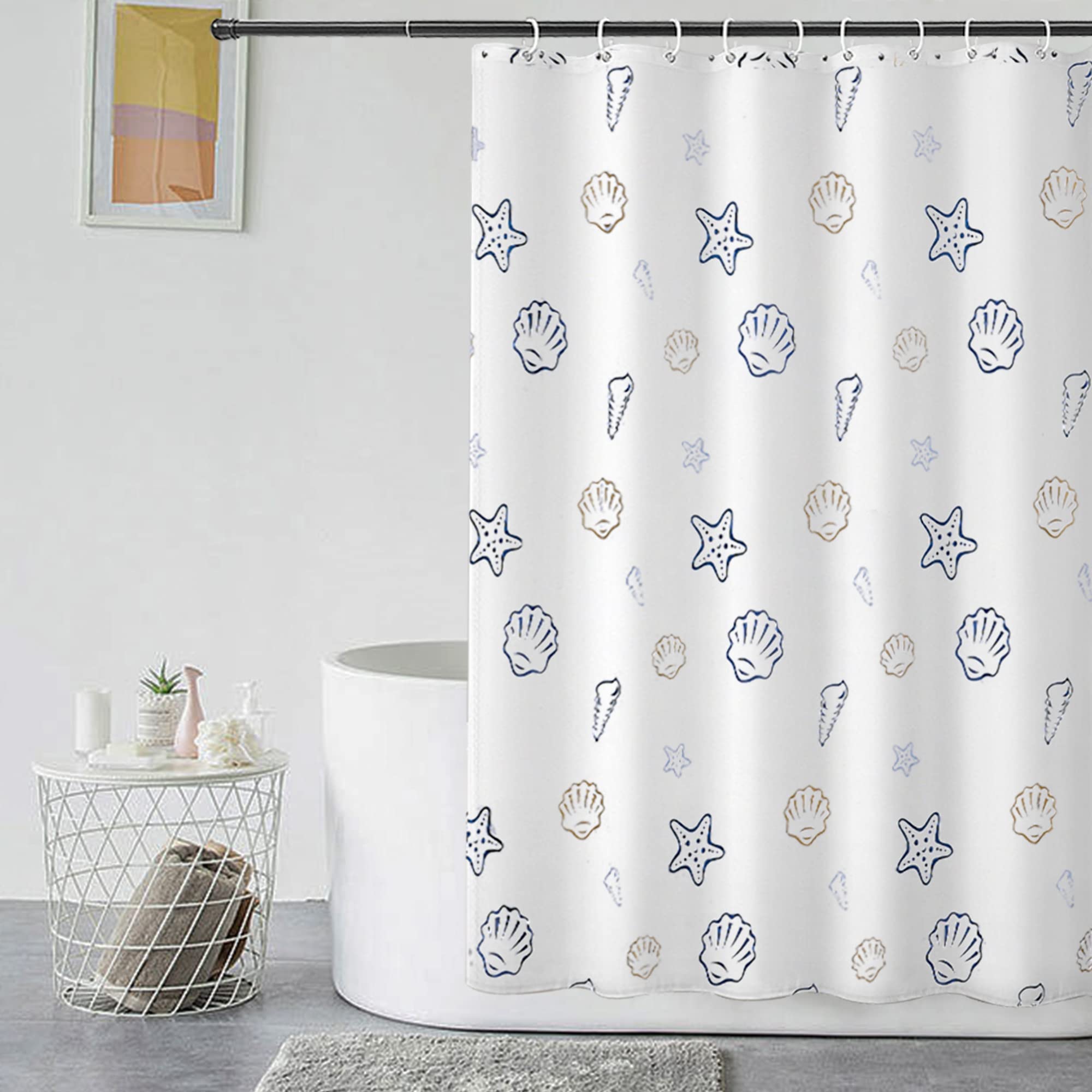 GERUIKE Extra Wide Weighted Shower Curtain 240 x 200 cm, Waterproof Anti-Mould Textile 130GSM Polyester Fabric, Machine Washable with 12 Rings & Cartoon Style White Ocean World Pattern