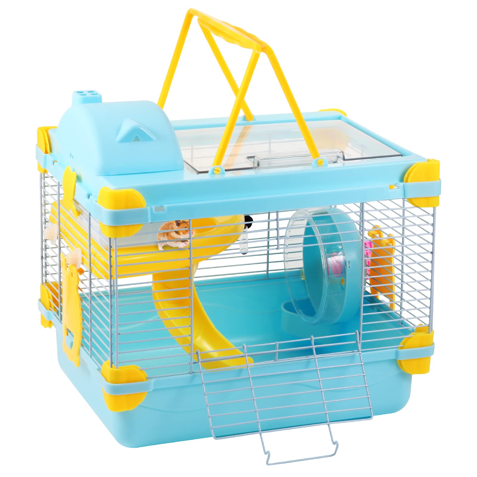 Misyue Dwarf Hamster Travel Portable Carrier Cage 2-Floors Syrian Hamster Home House Rodent Habitat Cage for Dwarf Hamster,Ferrets, Gerbil（Blue)）
