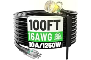 POWGRN 100FT 16 Gauge Black Outdoor Extension Cord Waterproof, 3 Prong Flexible Cold Weatherproof -58℉ Heavy Duty Extension Cord, 10 AMP 1250W SJTW, ETL Listed