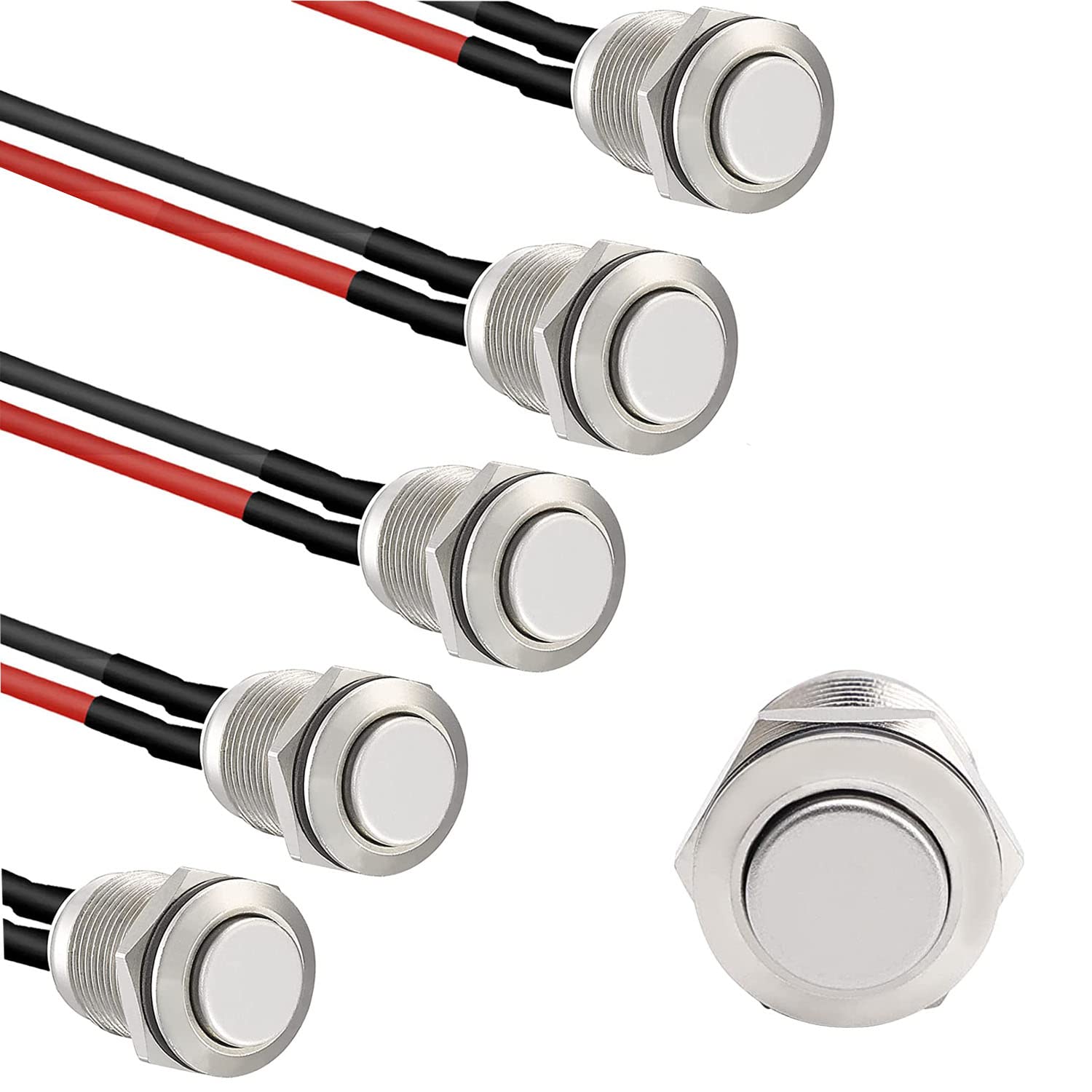 RUNCCI-YUN 5 Pieces 12 mm Momentary Push Button Switch Waterproof Push Button Switch Round Momentary Switch with Pre wiring,DIY Stainless Steel Normally Open Metal Push Start Button (High Head)