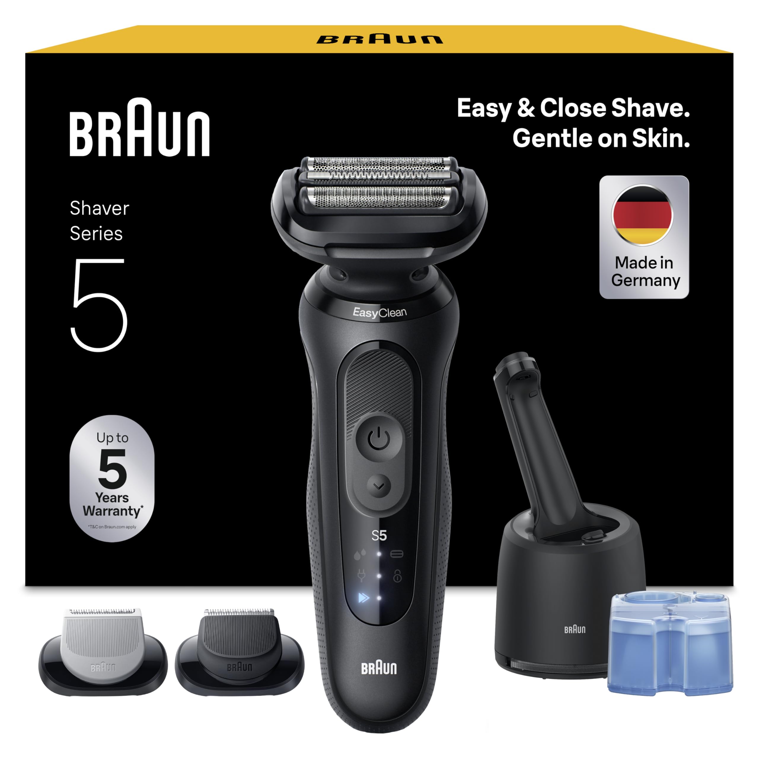 Braun Series 5 Elektrorasierer Herren, Rasierapparat mit 50 Min. Akku, 4in1 SmartCare Reinigungsstation, +2 Aufsätze, Kabelloser Nass- und Trockenrasierer für Männer, Wasserdicht, 52-N7650cc, Schwarz