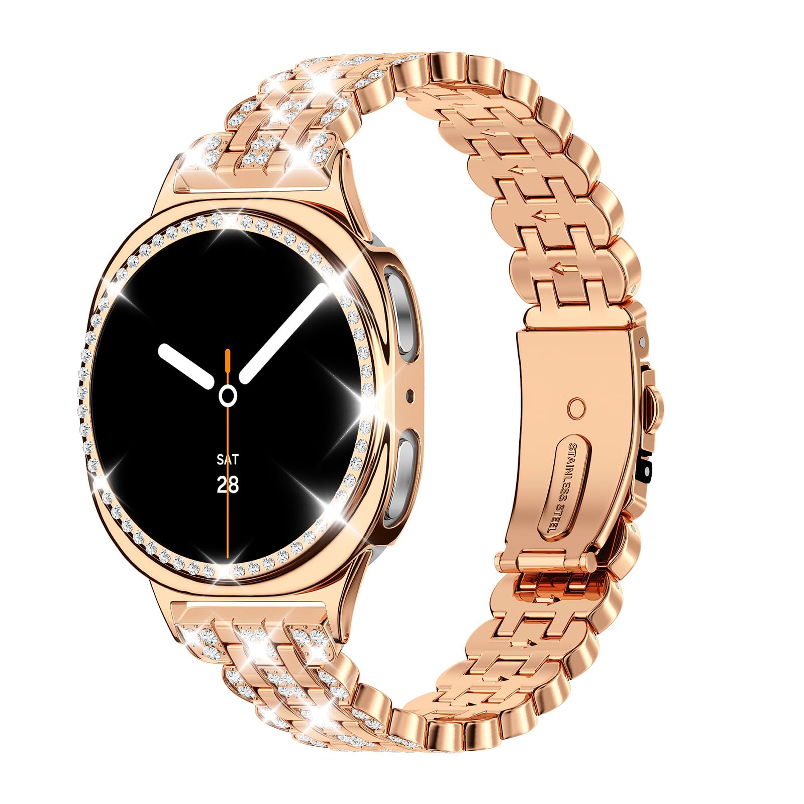 Mtozon Bling Band+ Case Compatible with Galaxy Watch 8 44mm, Women Replacement Dressy Strap& Cover for Samsung Galaxy Watch8, Rose Gold