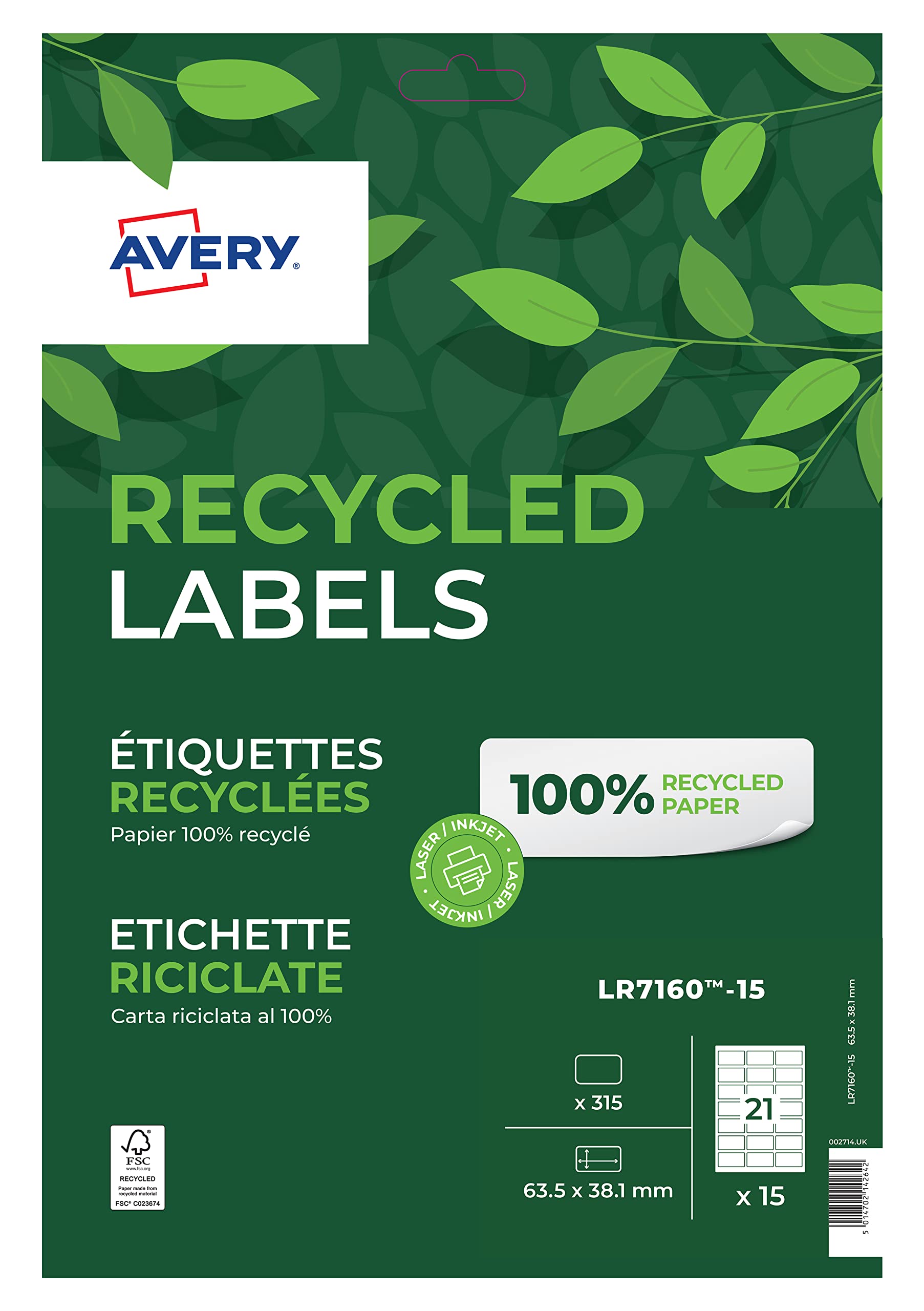 Avery LR7160-15 Printable, Recycled Blank Paper Labels, 21 Labels Per A4 Sheet, White