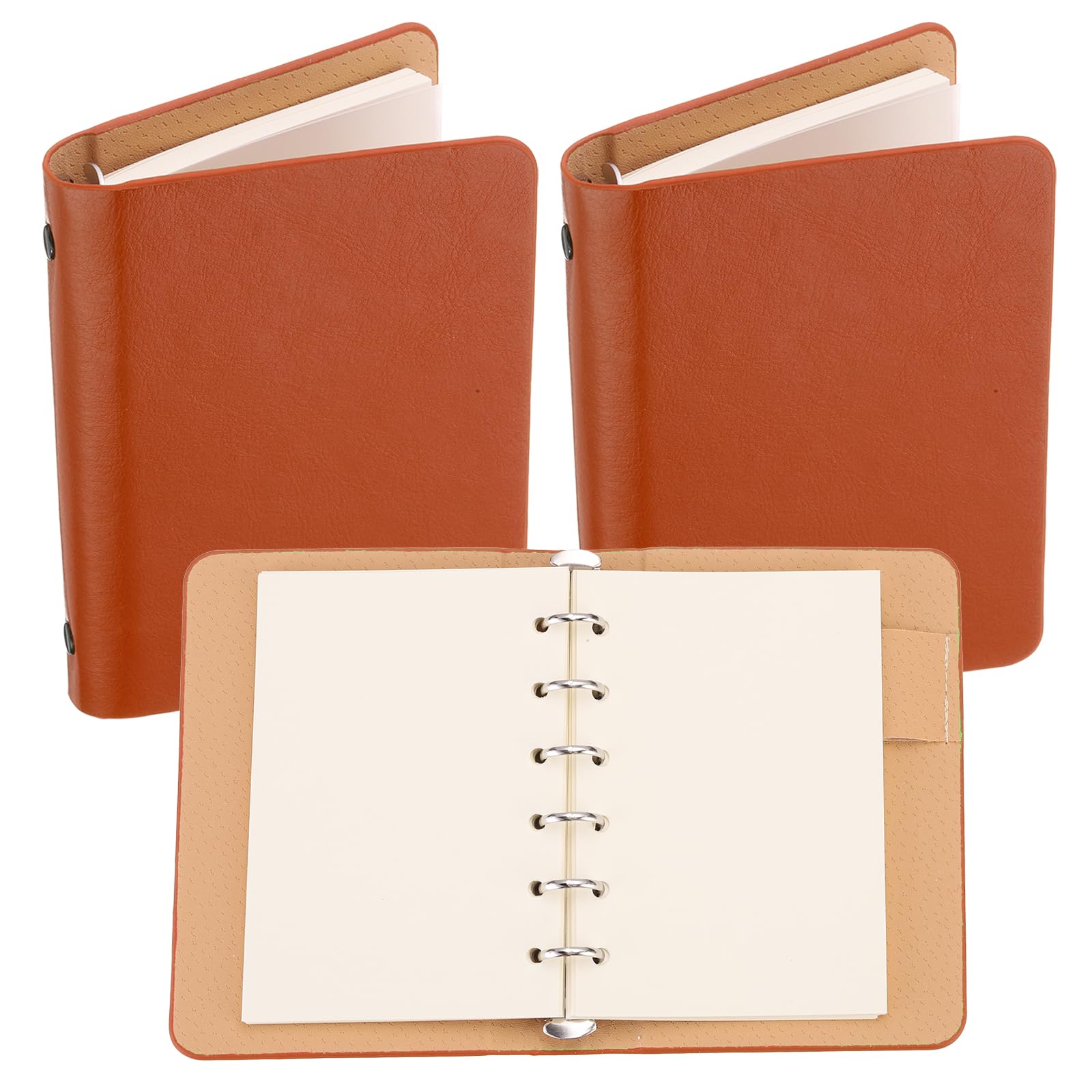 PATIKIL 6 Ring Binder Cover, 2 Pack A7 Leather Notebook Binder Mini Refillable Loose Leaf Personal Planner with 100 Sheets Paper, Orange