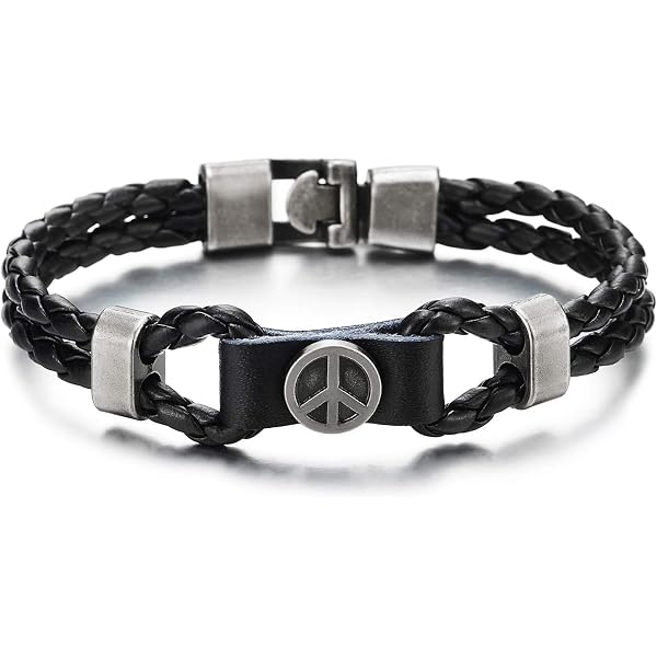 RUIZHEN Peace Sign Leather Bracelet – Multi-Layer Braided Rope, Adjustable, Unisex Men's & Women's - View #7