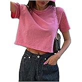 Floerns Women's Striped Short Sleeve T Shirts Crew Neck Summer Casual Tee Crop Tops
