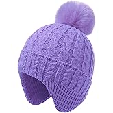 MEJORMEN Toddler Baby Winter Hat with Earflap Kids Warm Twisted Knit Beanie with Pom Pom Kids Ski Hat for Infant Girls Boys