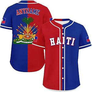 Onegam Haitian Baseball Jersey for Men Women Youth, Personalized Breathable Haiti Flag Button Down Softball Shirts