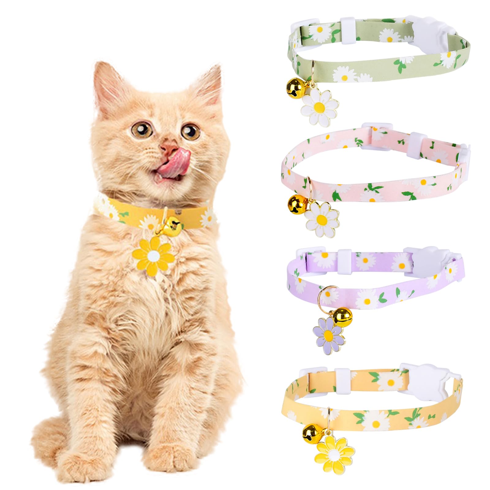 JSTHHTT 4PCS Cat Collars with Bells, Adjustable Kitten Collars, Safety Release Buckle, Removeable Bell, Floral Bow Tie Kitten Collars, for Cat, Puppies, Small Pet (Yellow+Pink+Green+Purple)