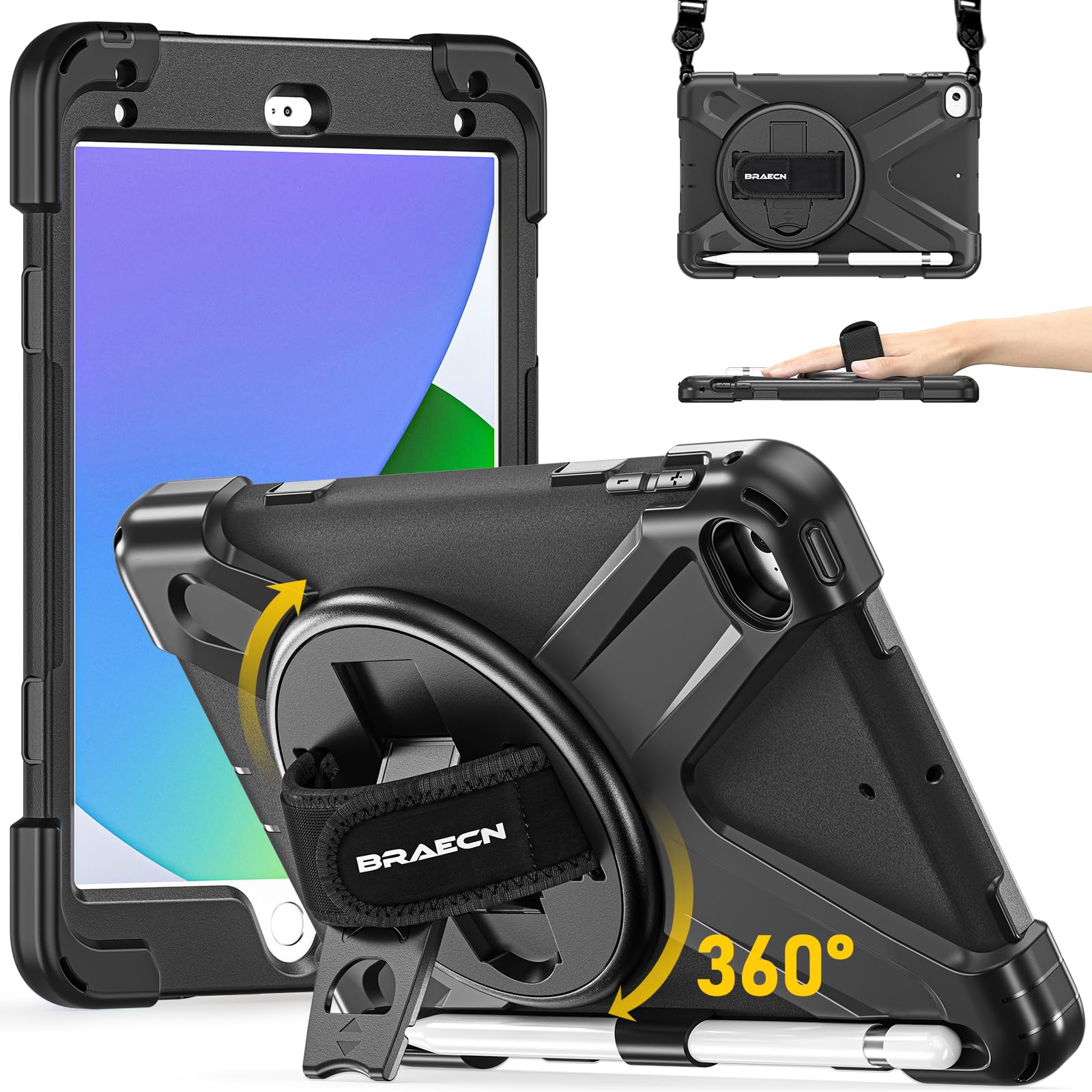 BRAECN Case for iPad Mini 4, iPad Mini 5, Heavy Duty Shockproof Protective Rugged Case with Pencil Holder, Hand Strap, Kickstand and Shoulder Strap for iPad Mini 4 2015, iPad Mini 5 2019 Tablet-Black