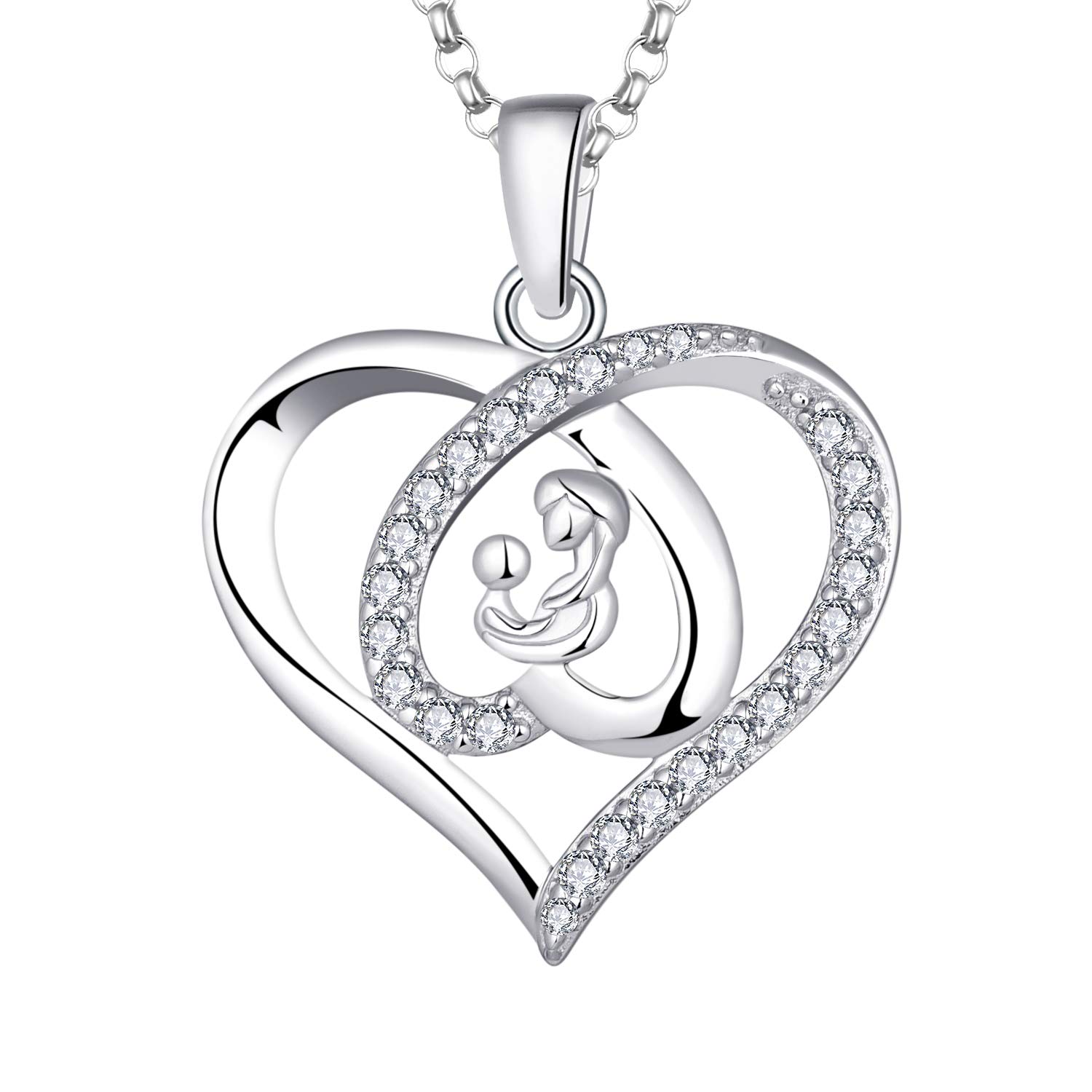 JO WISDOM Women Mum Heart Necklace,925 Sterling Silver Mother Daughter/Son Father Family AAA Cubic Zirconia Pendant Necklace,Gift for Mum
