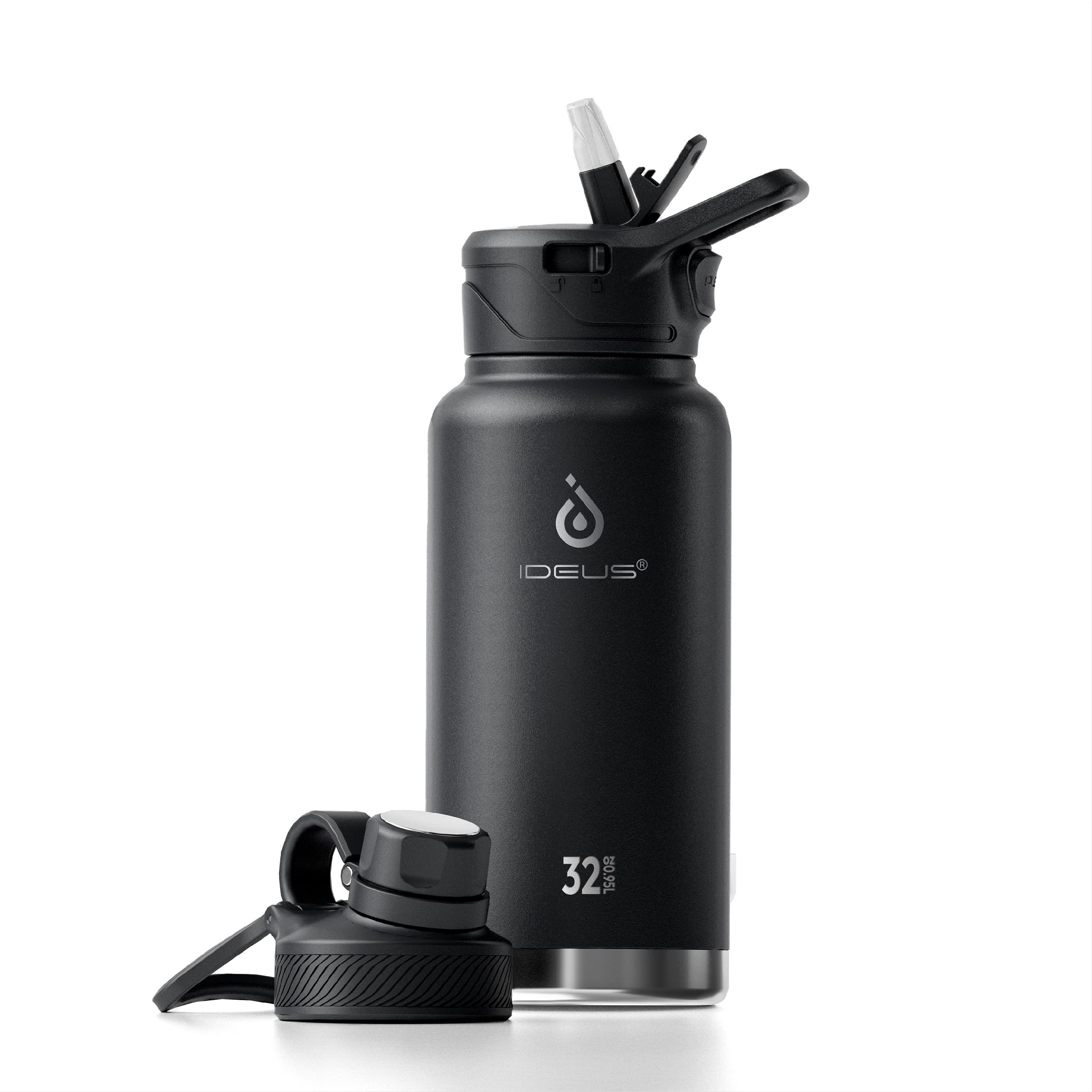 IDEUS Vacuum Insulated Water Bottle 950ml/32oz, Leak-Proof Stainless Steel Water Bottle, Double Wall Flask, Metal Sports Canteen with 2 Lids
