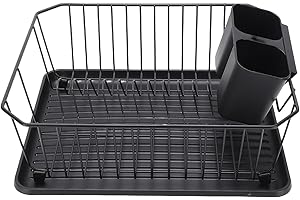 BAFOVY Dish Drying Rack, Iron Dish Drainer Rack with Utensil Holder for Kitchen Counter Sink Bowls and Chopsticks (Black)