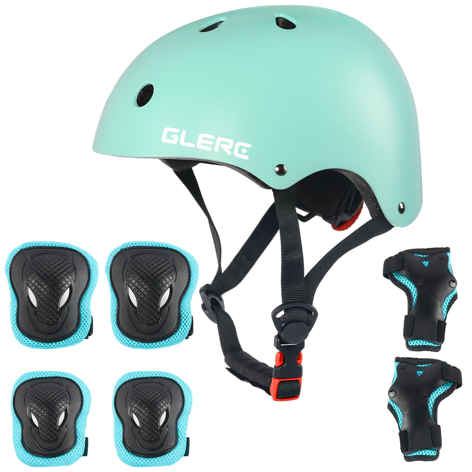 Glerc Kids Helmet Protective Gear Set, Knee Elbow Wrist Pads for Age 3-8 Years Boys Girls, Adjustable Skateboard Helmet Multi-Sportsfor Skateboard Roller Cycling Skating, Size S, Mint Green