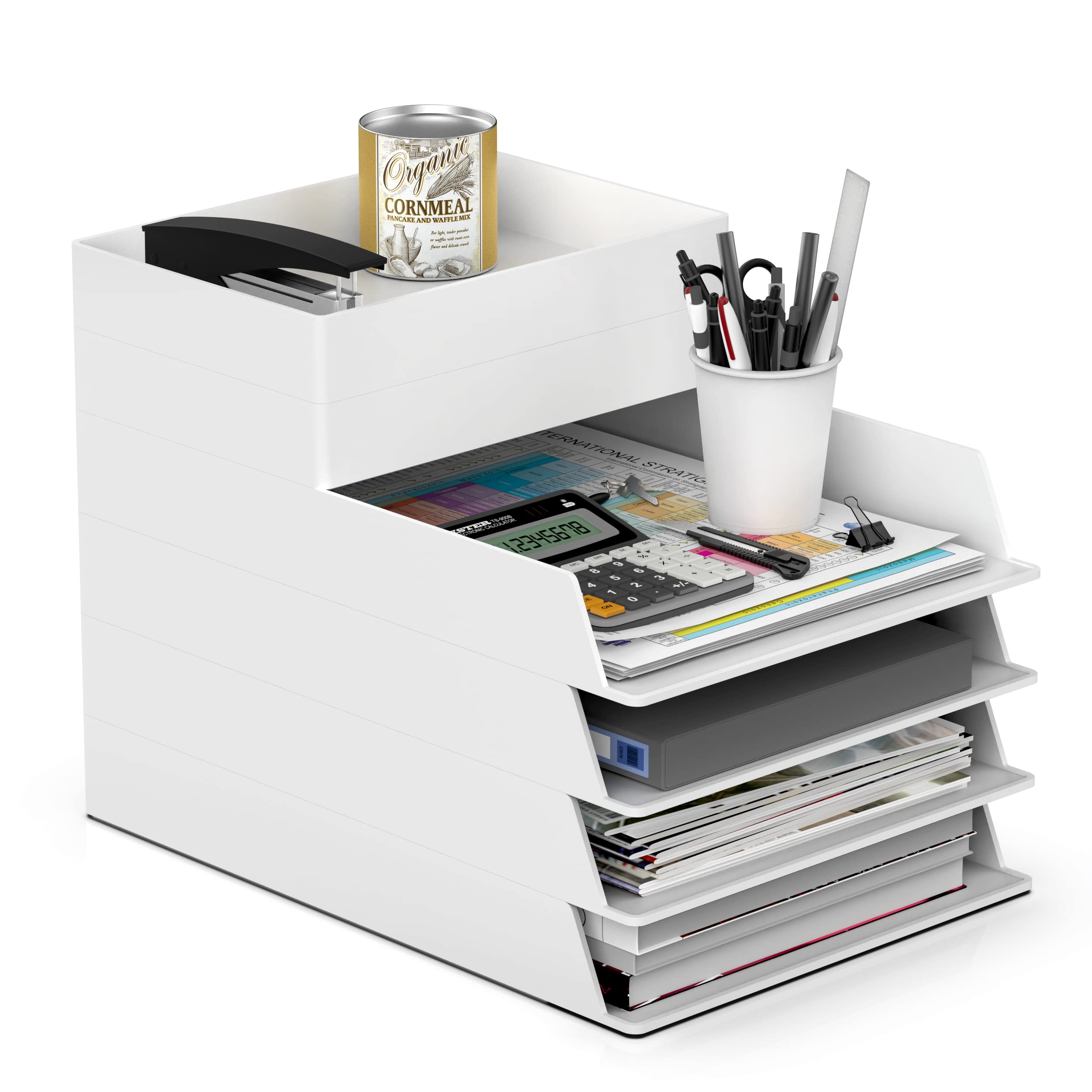 Photo 1 of MEAIHOML 6-Pack Stackable File Organizers, Plastic Desk Organizer for Documents, Letters, Files & Magazines, White Office Desk Storage Tray, Paper Holder for Desktop