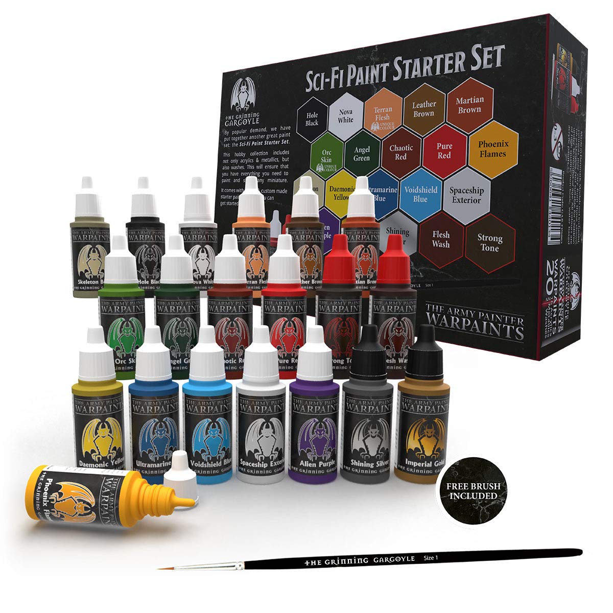 Grinning Gargoyle - Sci-Fi Miniature Paint Set - Paints for Miniatures - 20x Assorted 18ml Colours with a Paint Brush - Science Fiction Painting Starter Set - Warpaint Hobby Box for Aliens