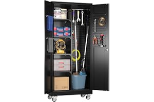 SUXXAN Broom Closet Storage Cabinet with Wheels 71.4"x 33.9"x16.9", Metal Cleaning Cabinets with Hooks and Hanging Rods, Lockable Cabinet with Pegboard, Adjustable Shelf,for Garage, Laundry Room