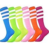 Syhood 6 Pairs Neon Knee High Socks Stretchy Roller Skate Socks for Women, Men, Soccer Softball Team Sports