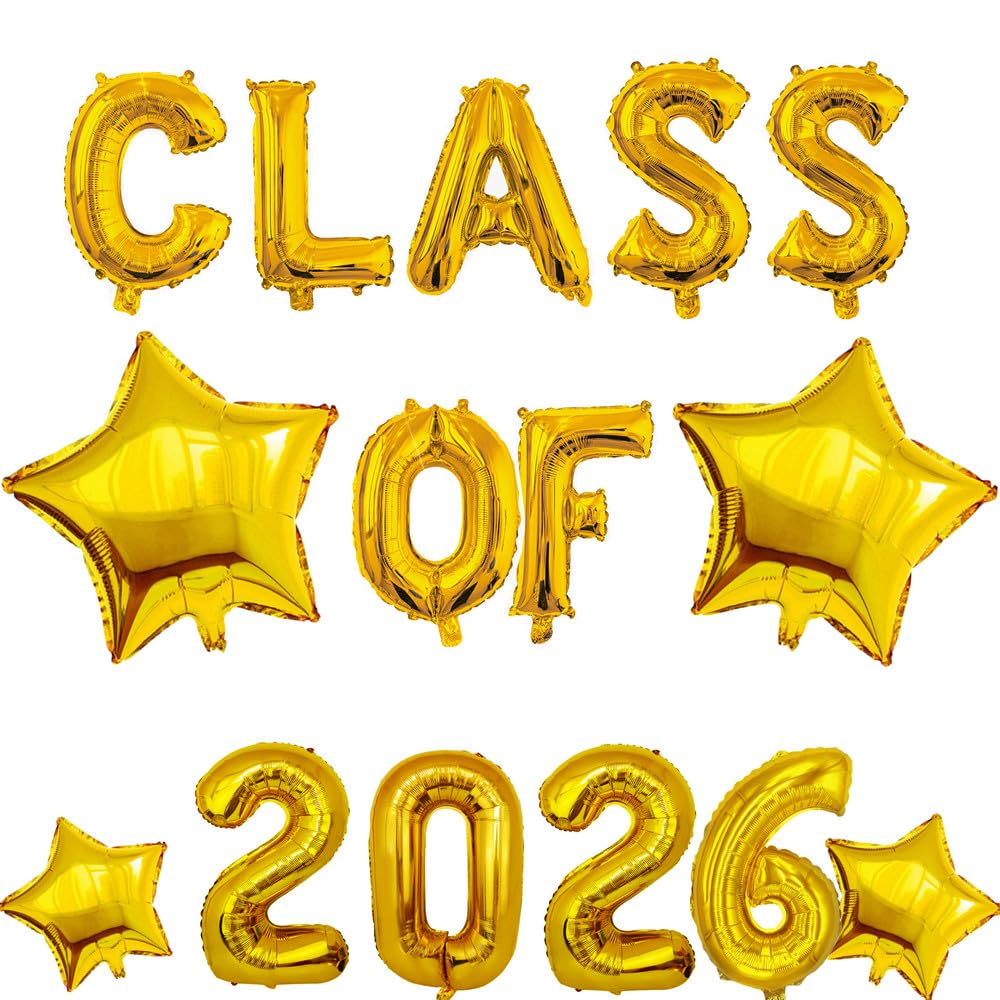 Class of 2026 Balloons with Gold Star, Hanging Foil Gold Balloons Letter for High School College Grad Graduation Party Decorations Gold