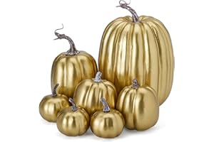 woshilaocai 7PCS Artificial Pumpkins Décor Fall Harvest Thanksgiving/Halloween Holiday Farmhouse Decorations for Home (Metallic-Golden)