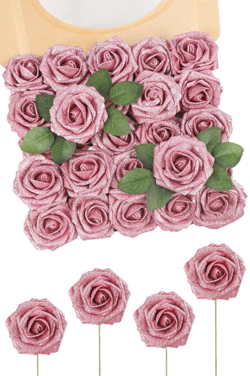 N&T NIETING Artificial Flowers Glitter Roses, 25pcs Pink Fake Roses DIY Flowers with Stems for Wedding Bouquets Centerpieces Arrangement Party Baby Shower and Home Decor(Pink)