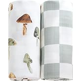 LifeTree Muslin Swaddle Blankets, Baby Swaddling Blanket for Boys Girls, Super Soft 70% Viscose from Bamboo and 30% Cotton, Large 47" x 47", Checkered & Mushroom, Newborn Baby Registry