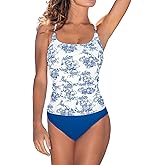 CUPSHE Women's Tankini Sets Two Piece Swimsuit Scoop Neck Self Tied Crisscross Bathing Suit Ruched Tummy Mid Rise