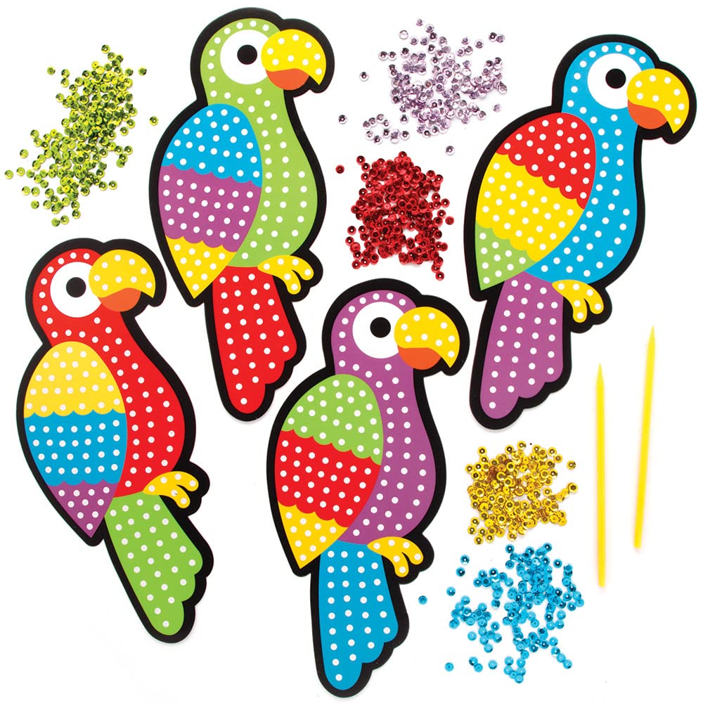Baker Ross FE185 Parrot Sequin Art Kits - Pack of 4, Make Your Own Childrens Art Set, Creative Activities for Kids, Decorate Your Own Arts and Crafts Project